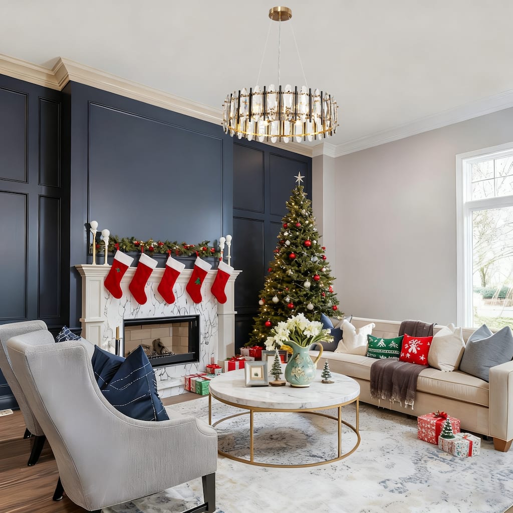 Modern 6-Light Drum Crystal Chandelier Black Gold Lights for Dining Living Room Bedroom - Dia. 24.8" x H 7.5"