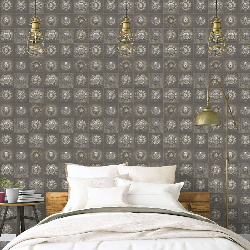 Galerie Wallcoverings Nostalgie Collection Industrial Tiles Non-woven Metallic Wallpaper Roll