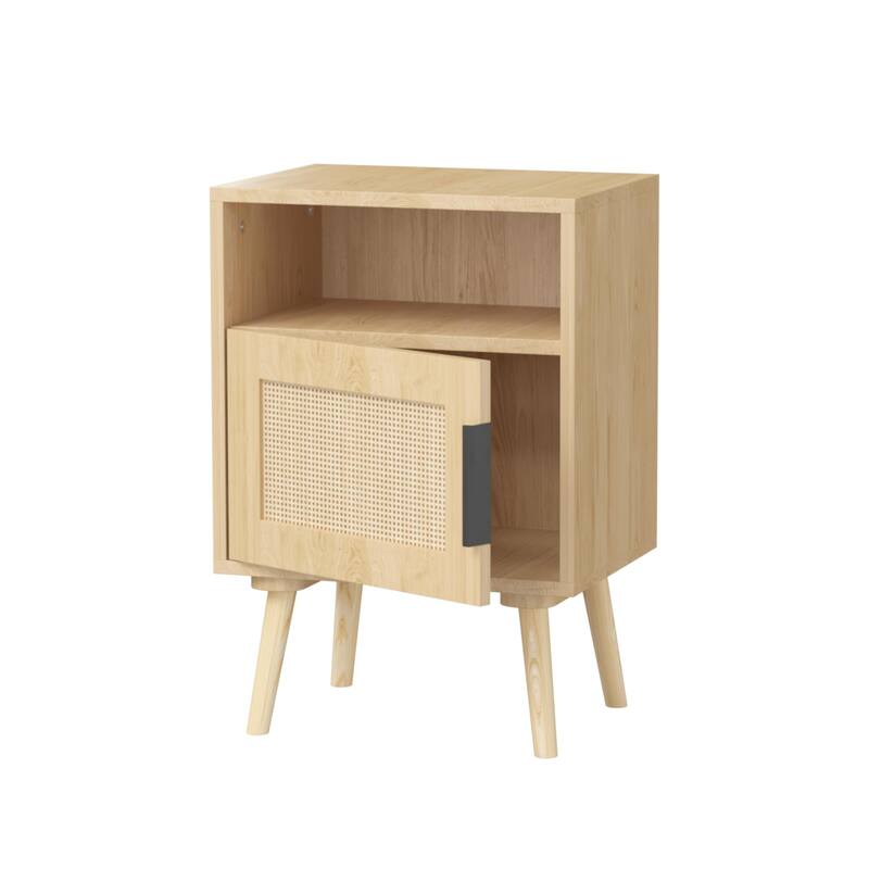 22.83" H Rattan Nightstand with Open Shelf & Door, Accent Side Table with Solid Wood Legs for Bedroom, Dorm & Small Spaces, Oak