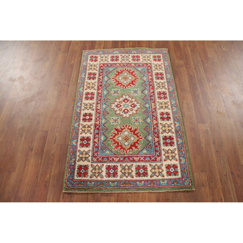 Green Geometric Kazak Oriental Foyer Rug Hand-Knotted Wool Carpet - 2'8" x 4'0"