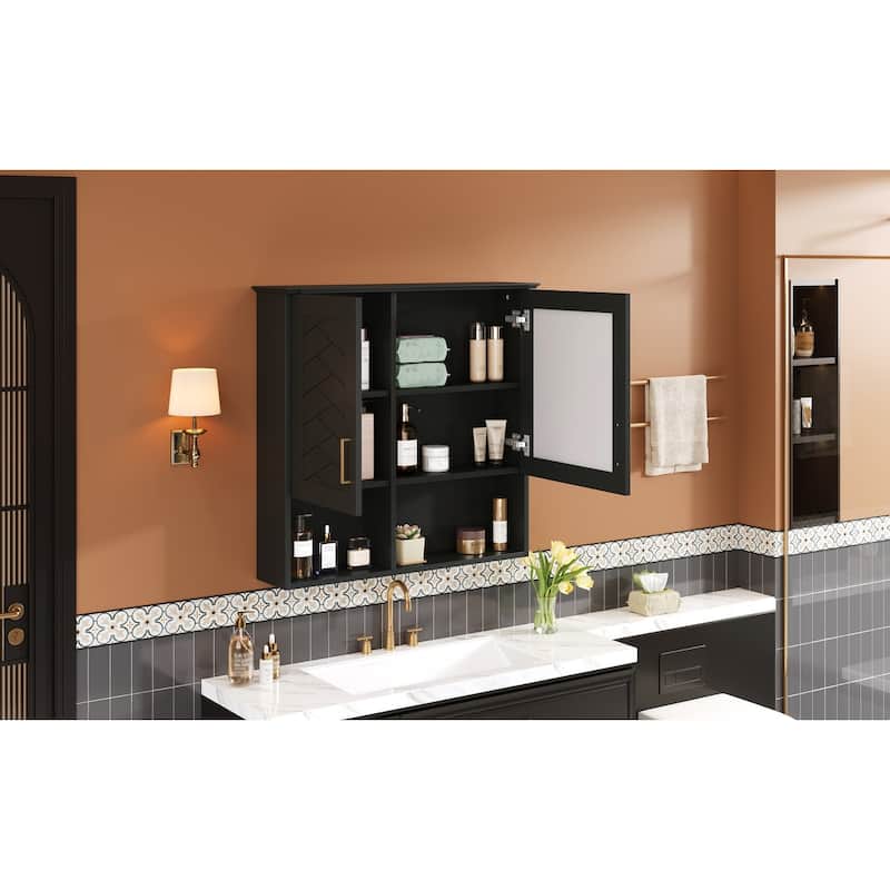 Rossetta Wall Mounted Elegant Sculpted Lines Pattern Bathroom High-Define Mirror Cabinet with Adjustable Shelves