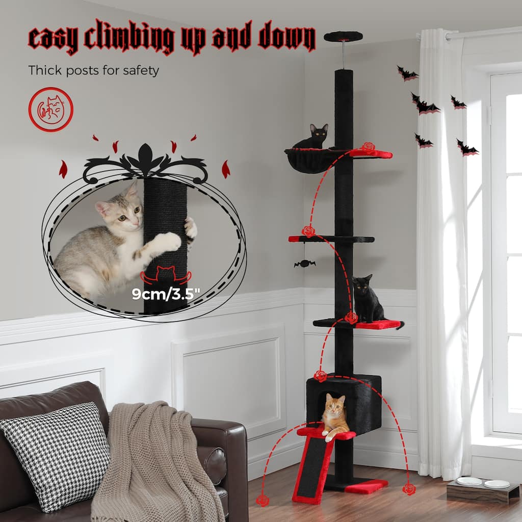 Adjustable Height Floor to Ceiling 5-Tier Tall Cat Tree Tower for Indoor Cats with Cat Condo, Cat Scratching Post and Cat Ladder