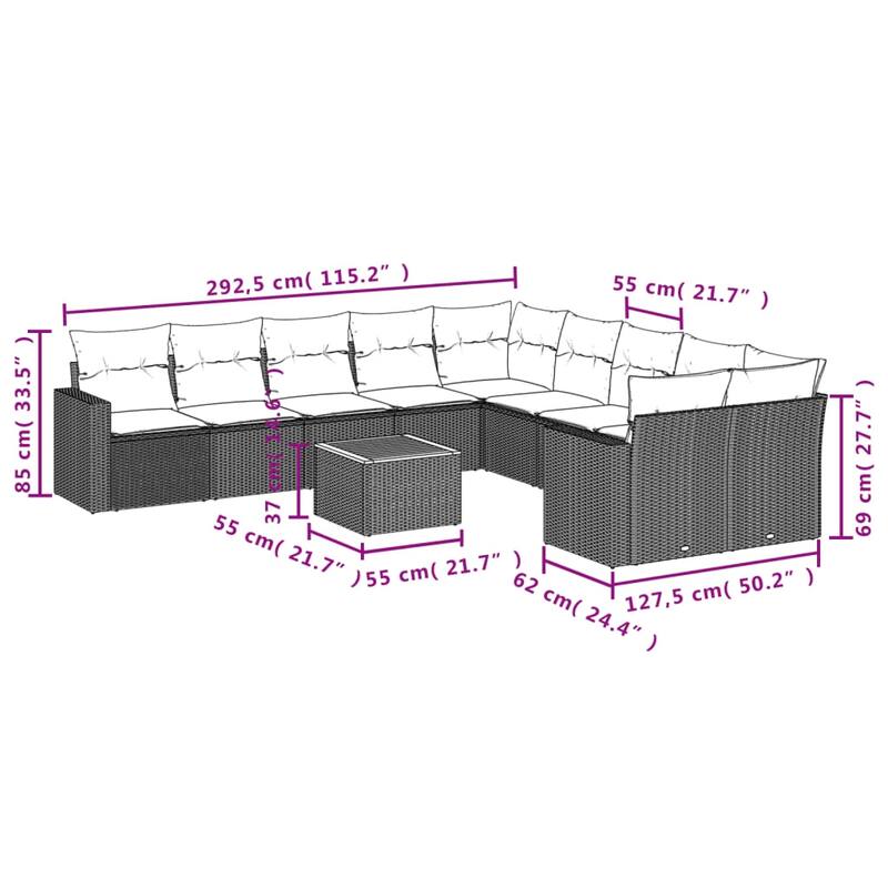 vidaXL 11 Piece Patio Sofa Set with Cushions Grey Poly Rattan - 24.4" x 24.4" x 27.2"