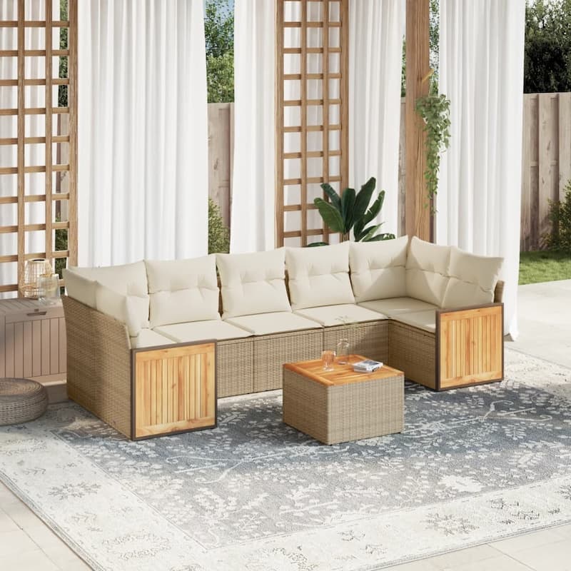 vidaXL Patio Sofa Set with Cushions Outdoor Furniture 8 Piece Poly Rattan - 21.7 x 21.7 x 14.6 - Beige and Cream
