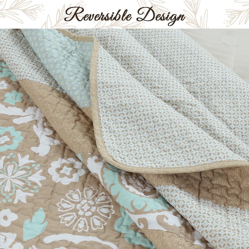 Cozy Line Floral Stripe Ogee Tan Brown Mint Green Cotton Reversible 3 Piece Quilt Bedding Set