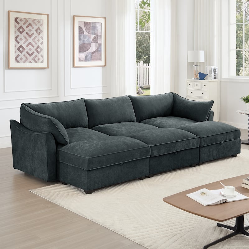 Modular Upholstered Sofa with 3 Ottomans and Storage Drawers, Deep Seat Chenille Sleeper Couch for Living Room, Home Theater
