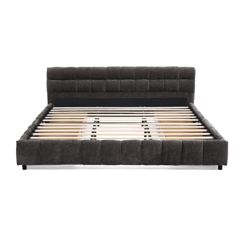 Modern King Size Upholstered Bed with Storage Drawers, Dark Gray