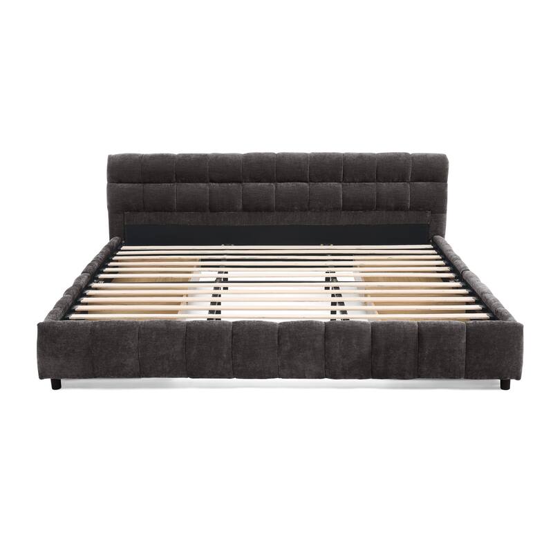 Roomfitters California King Upholstered Platform Bed with Storage, Chenille Fabric Frame with Headboard