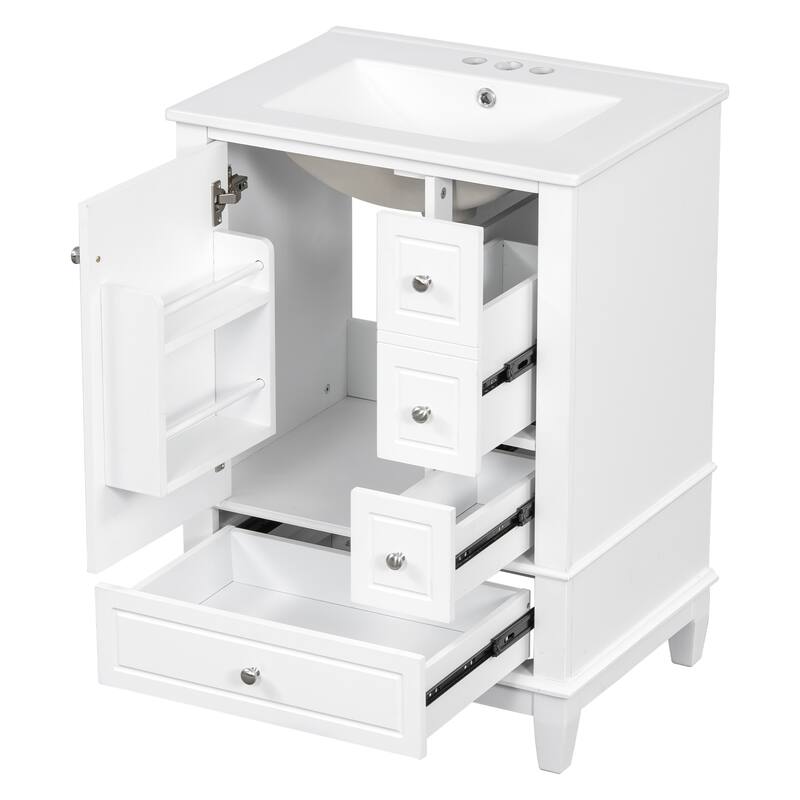 24" Freestanding Bathroom Vanity with Sink - Ceramic Top, Drawers & Shelves, MDF & Solid Wood Base, for Small Bathrooms