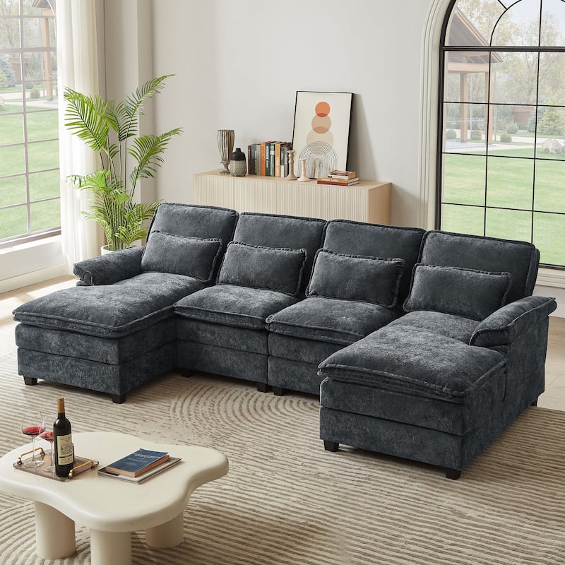 113" Chenillle U Shaped Sectional Sofa with Toss Pillows
