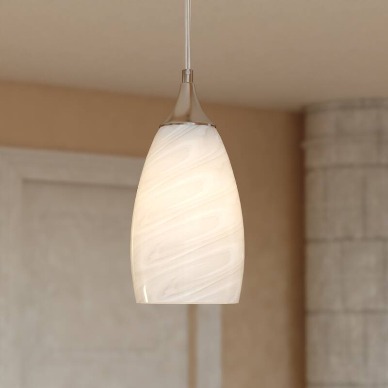 VAXCEL Milano 1-Light 4.75 in. Wide Bell Mini Pendant, White Alabaster Glass Shade, Adj Height Hanging Ceiling Fixture - Satin Nickel - 4.75-in W x 9.75-in H x 4.75-in D