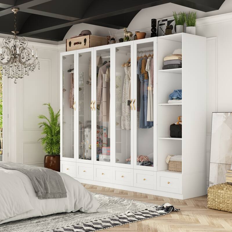 Multi-Unit Wardrobe Versatile Storage Solutions Armoires Cabinet White - 94.4"W-5Doors/3Shelves
