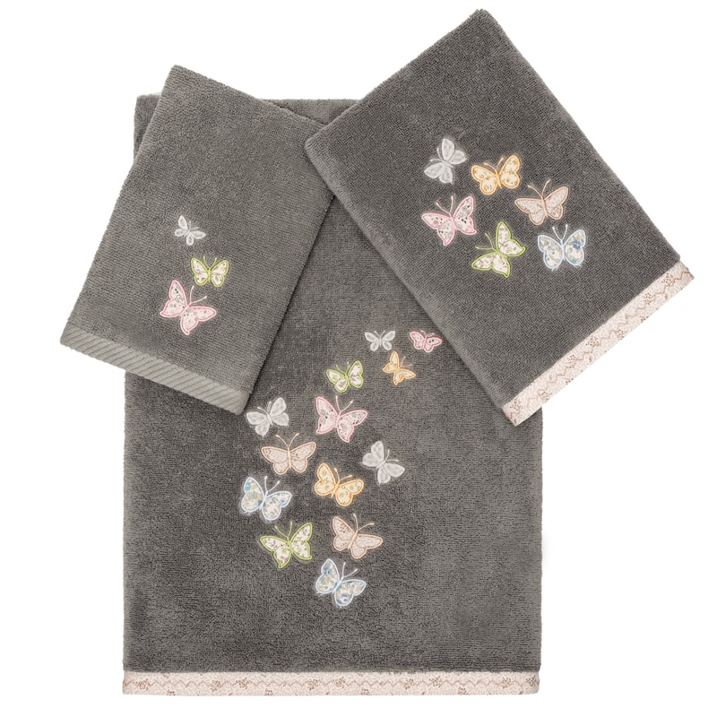 Authentic Hotel and Spa 100% Turkish Cotton Mariposa 3PC Embellished Towel Set - Charcoal
