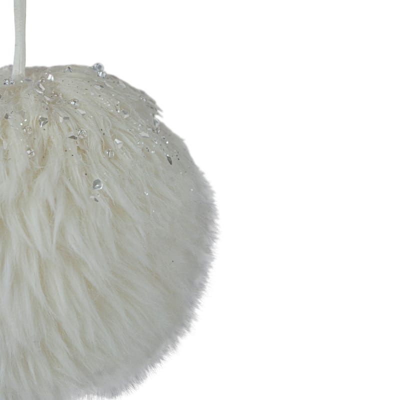 4-Inch White Faux Fur Hanging Christmas Ball Ornament - 4"