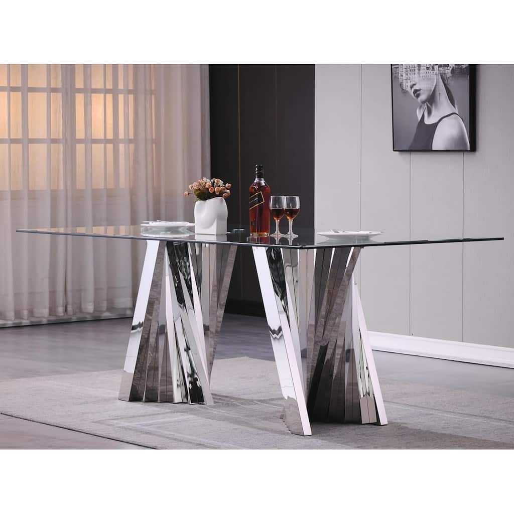 Luxury 78 inch Glass Dining Table with Mirrored Stainless Steel Base