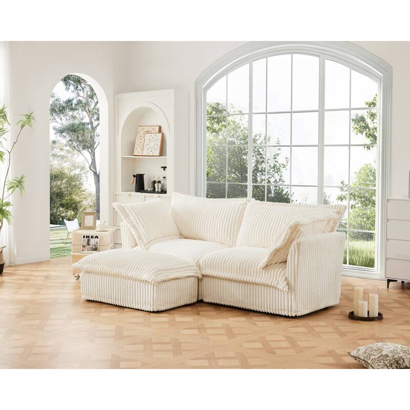 GDFStudio - Slipcovered 2-Seater 83.4" L-Shaped Corduroy Sectional Loveseat Sofa with Ottoman