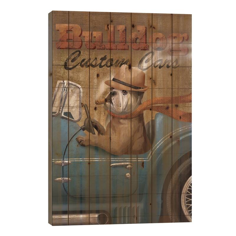 Bulldog Custom Cars Print On Wood by Conrad Knutsen - Multi-Color - 26x18x1.5