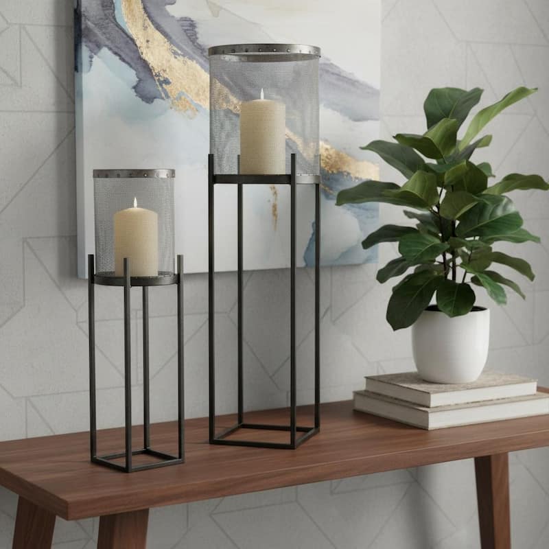 Set of Two Black Distressed Geometric Metal Lantern Candle Holders - Black