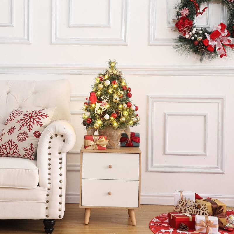 2/ 3ft Artificial Tabletop Christmas Tree with LED Lights with Burlap Base for Dining Room