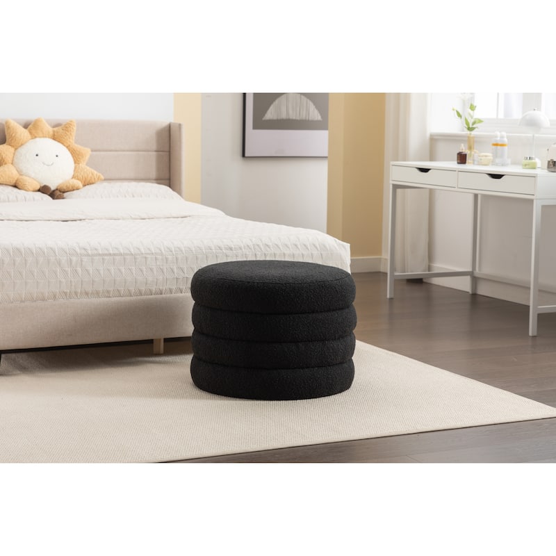 Round Storage Ottoman Footstool, Boucle Fabric Upholstered Vanity Stool, Small Ottomans Table with Removable Lid