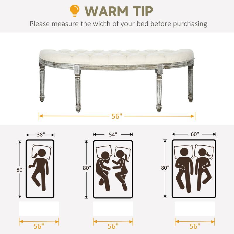 Semi-Circle Bed Bench with Tufted Design and Rubberwood Legs
