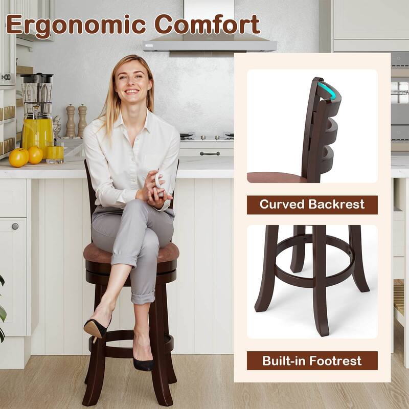 Costway 26” Counter Height Swivel Barstools Set of 2/4 with Back, Faux - Cappuccino