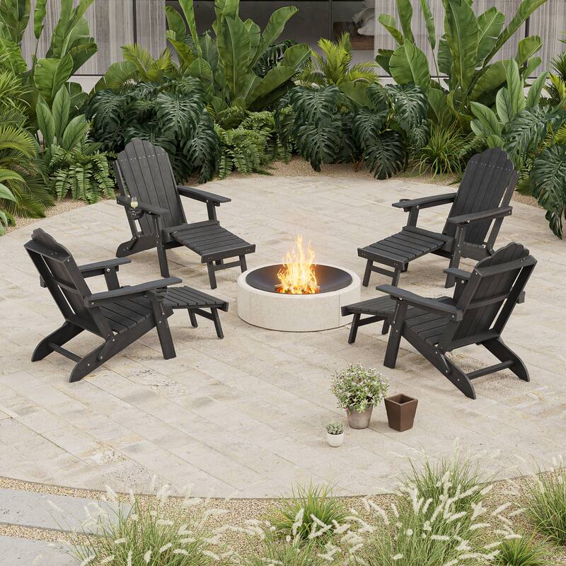 3-Position Adjustable Folding Adirondack Chair W/ Ottoman for Outdoor - 4-Piece - Black