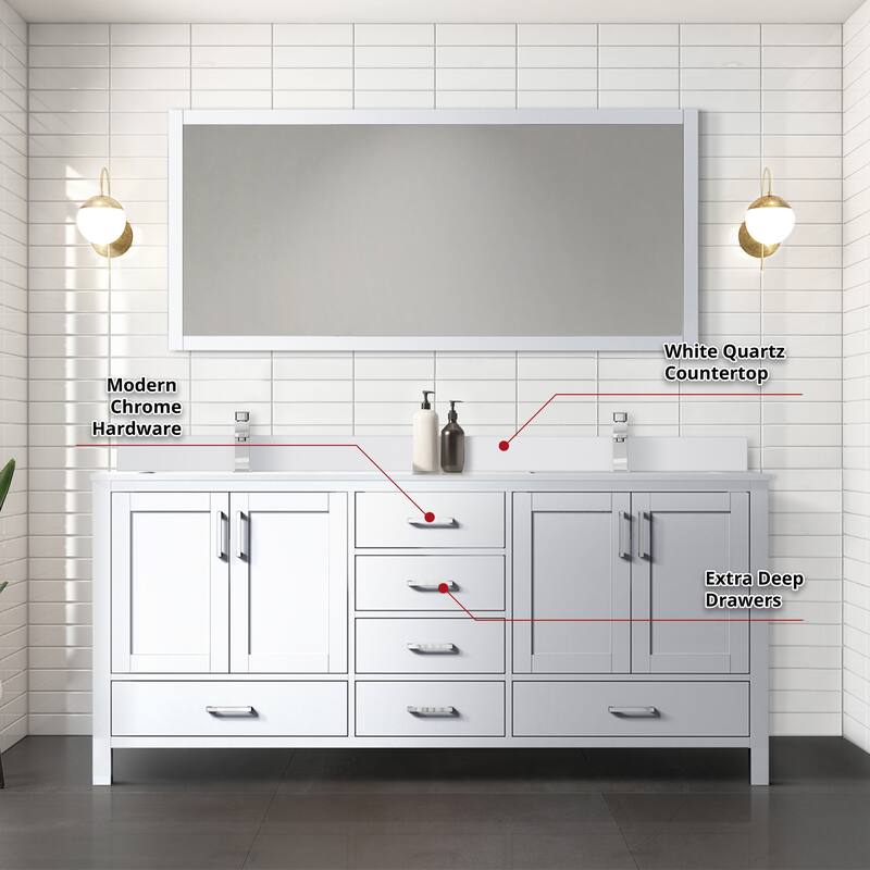 Jacques 72 in. W x 22 in. D White Double Bath Vanity, White Quartz Top, and 70 in. Mirror