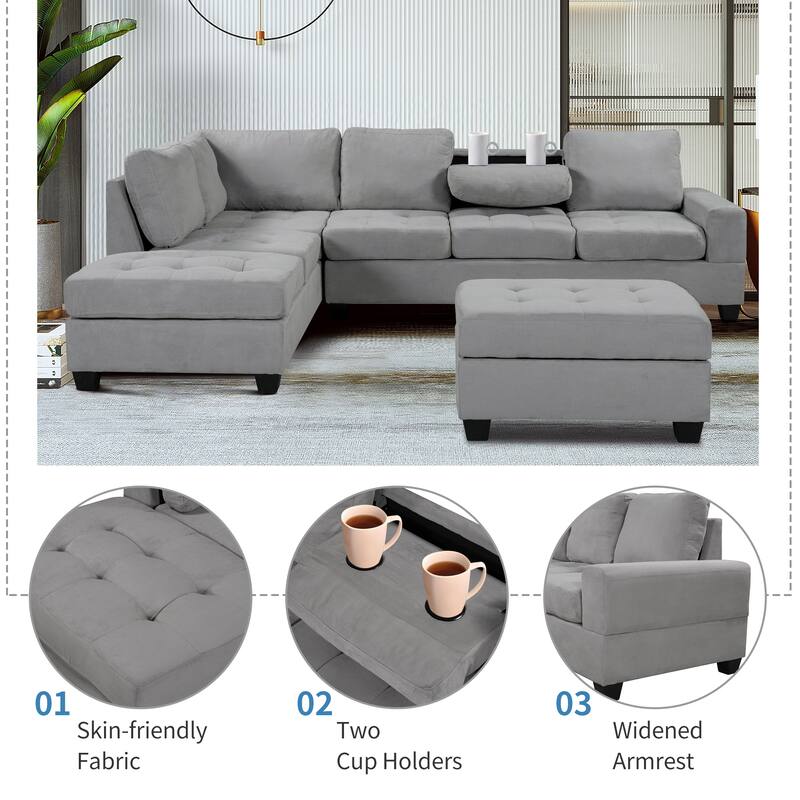 Modern Sectional Sofa with Reversible Chaise, L Shaped Couch Set with Storage Ottoman and Two Cup Holders