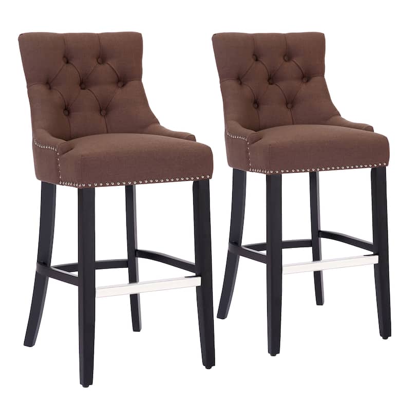 Carter 29" Linen Fabric Tufted Upholstered Bar Stool (Set of 2) - N/A - Brown