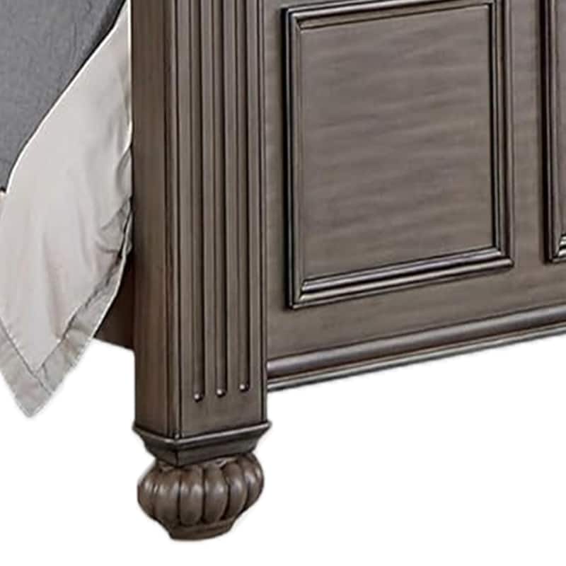 Recus Queen Bed, Carved Floral Details, Arched Headboard, Gray Wood