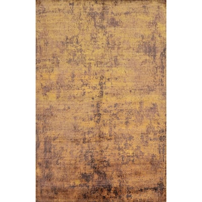 Hand Knotted Oriental Viscose Silk Carpet Modern Abstract Yellow & Gold Abstract Area Rug - 7' 9'' X 5' 8''