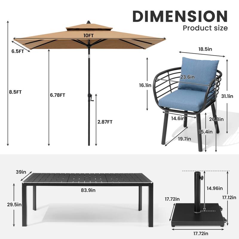 9/11-Piece Outdoor Dining Set w/10 ft Umbrella and Base Aluminum Dining Table and Chairs with Sunbrella Cushions