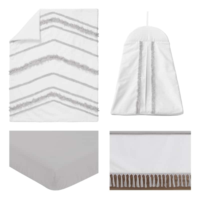Boho Bohemian Boy Girl 4pc Nursery Crib Bedding Set - Grey White Farmhouse Shabby Chic Modern Gray Tufted Fringe Neutral Unisex