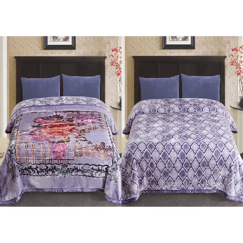 Reversible 10.5 Pounds Plush Fleece Blankets, 2 PLY A&B Design 87" x 95" Bed Blankets for Winter - Greyish Purple Flower