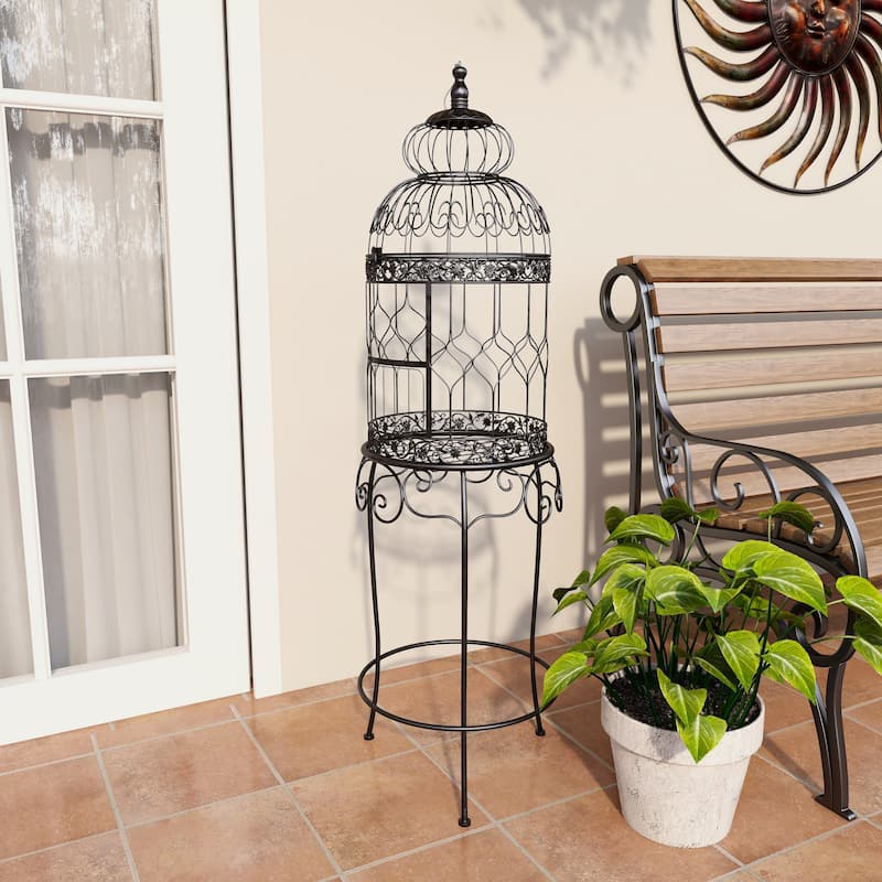 Black Metal Indoor Outdoor On Removable Stand Birdcage with Latch Lock Closure and Top Hook