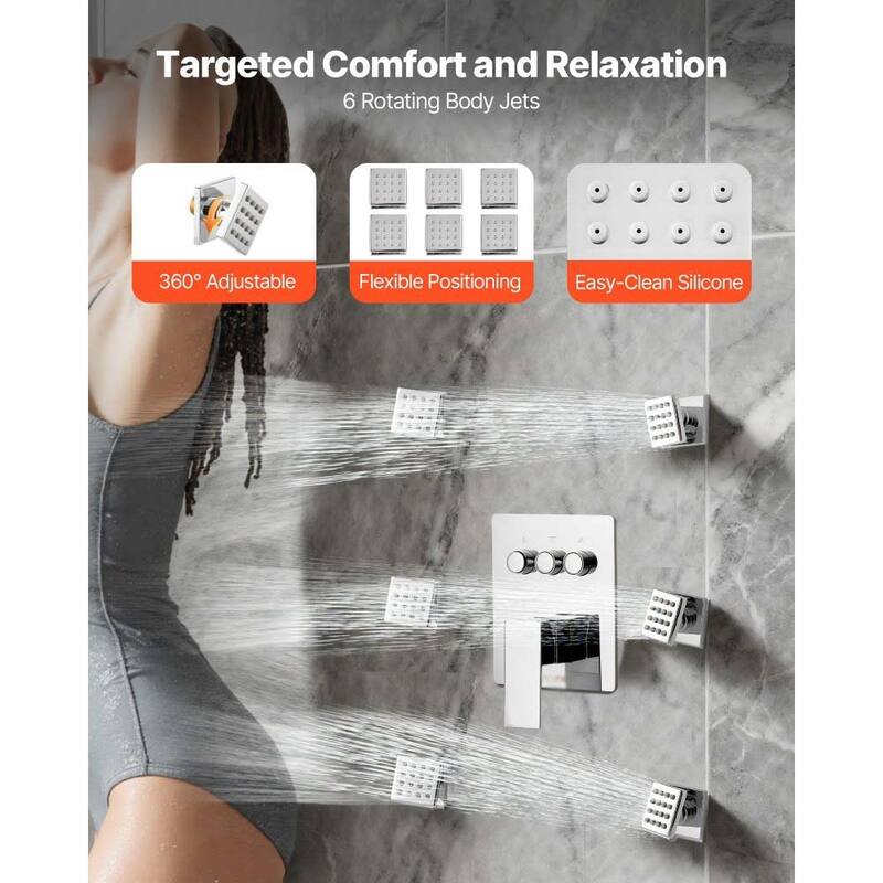 Chrome 3-Function Rainfall Shower System with 6 Body Jets and Handheld Spray for Home Spa - 10 Inch