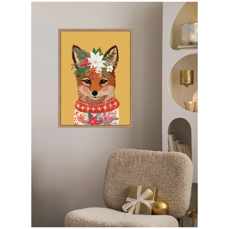 Kate and Laurel Sylvie Beaded Christmas Fox Framed Canvas by Mia Charro