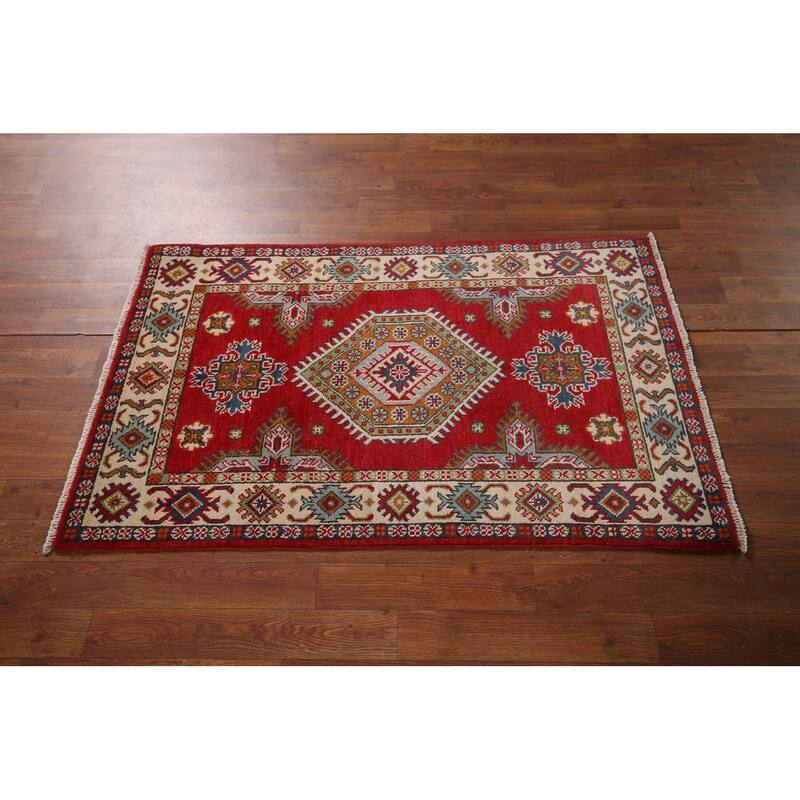 Geometric Red Kazak Accent Rug Home Decor Hand-Knotted Wool Carpet - 2'10" x 4'5"
