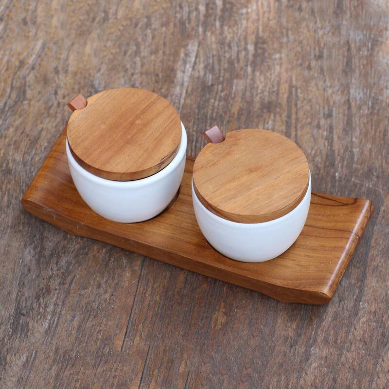Novica Handmade Flavor Duo In White Ceramic And Teak Wood Condiment Set