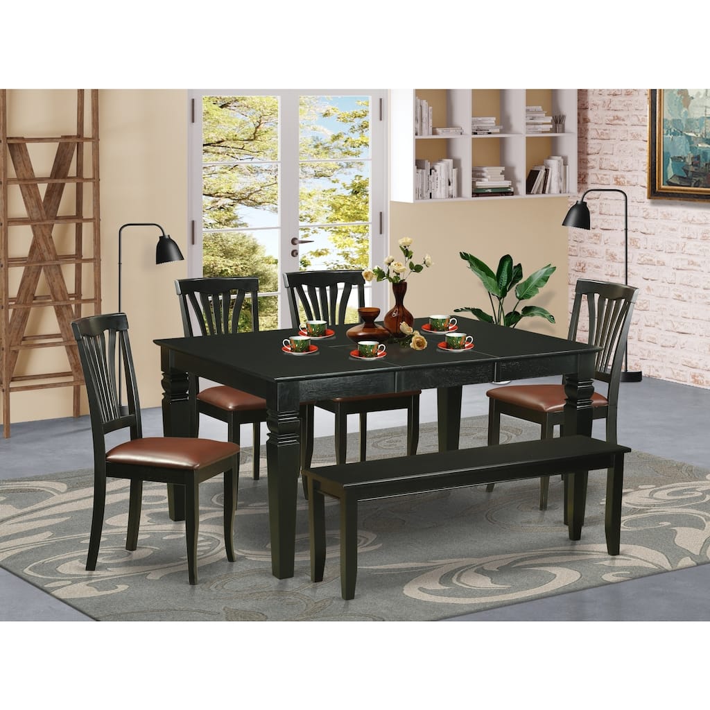 HomeStock 6-Piece Rectangle Black Finish Solid Wood Top dining Table with 1 Bench and 4 Chairs with Lattice Back