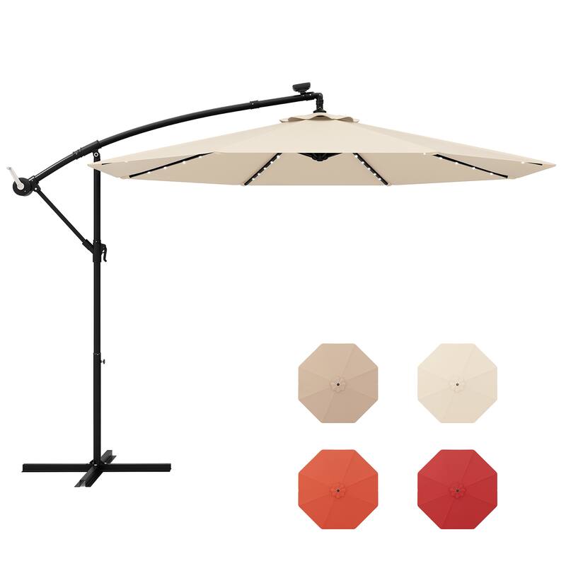 Gymax 10ft Solar Patio Umbrella Outdoor Offset Hanging Umbrella w/ 40 - Beige