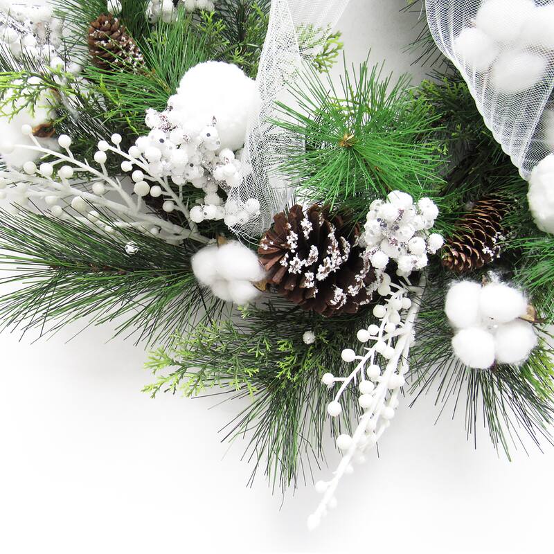 Artificial Frosty Cotton Berry Pine Cone & Pine Christmas Wreath 24in - 24" L x 24" W x 6" DP
