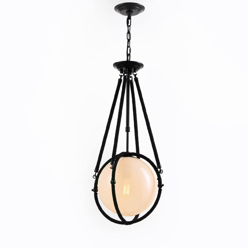 VidaLite Voyager 1-Light Matte Black Pendant, Hanging Pendant Light With Rope Detailing and Smoked Glass Shade - 29" x 12"