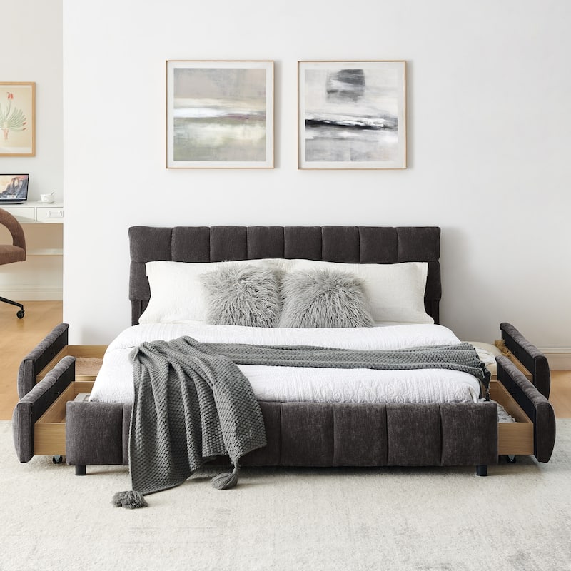 Modern Upholstered Queen Platform Bed Frame w/4 Storage Drawers, Soft Headboard, Grounded Chenille Fabric Bed Frame for Bedroom