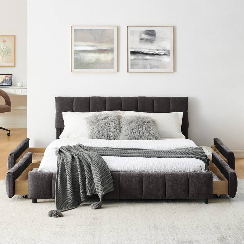 Queen Size Upholstered Bed with Tufted Headboard, Chenille Fabric Platform Bed with 4 Storage Drawers, Solid Wood Bed Frame