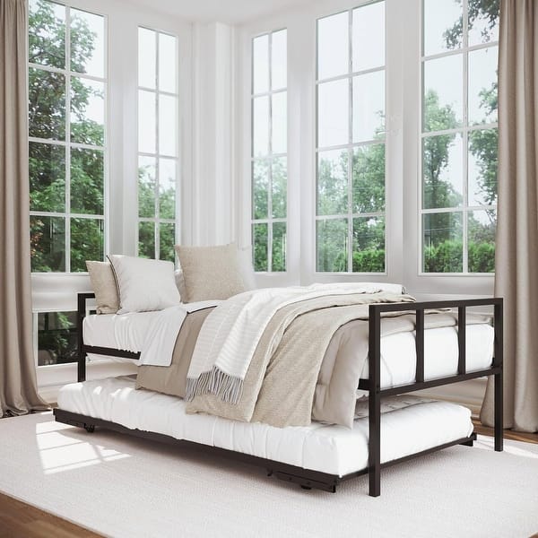 slide 2 of 5, Black Metal Twin Height Adjustable Daybed with Roll-Out Pop-Up Trundle and Heavy-Duty Frame Multi
