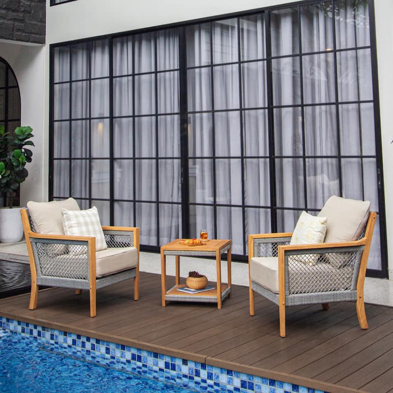 Cambridge Casual Nassau 3-Piece Teak Wood Outdoor Chat Set - Natural Teak/Beige Cushion
