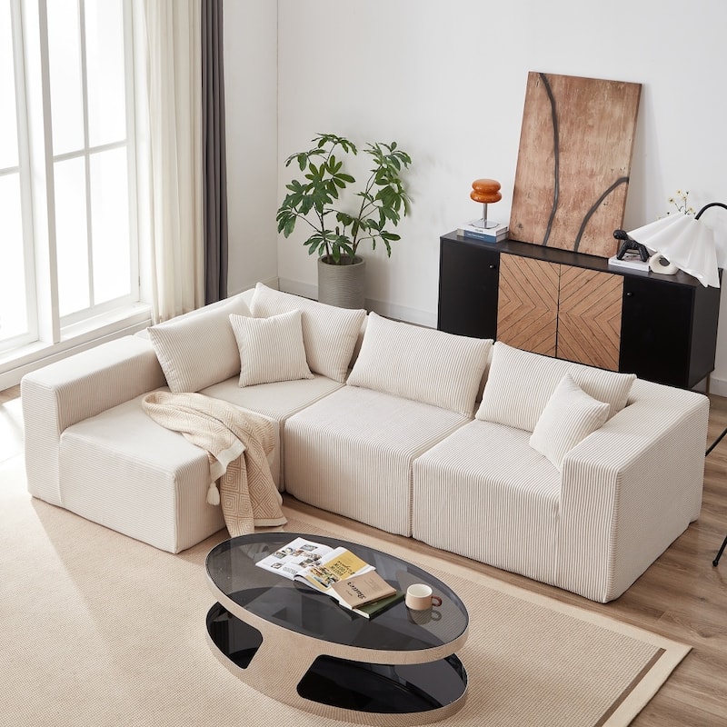 104" Corduroy Upholstered Modular L-shaped Sectional Sofa - Beige