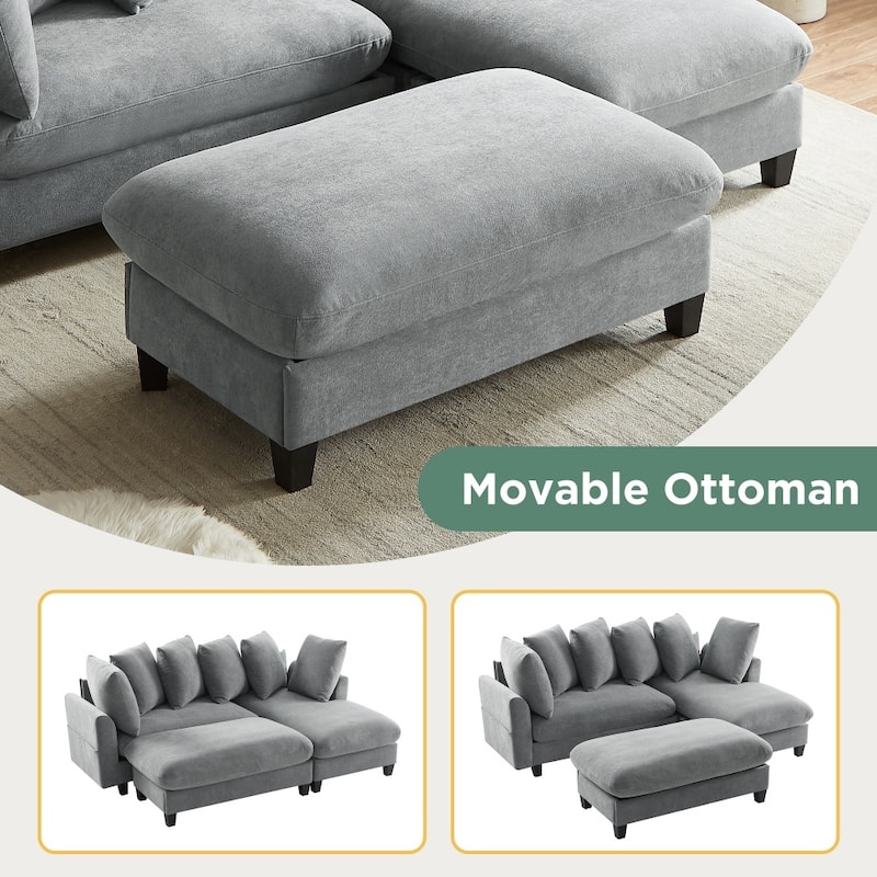 83" Upholstered Sectional Sofa with Movable Ottoman and Six Pillows, Ample Storage Space
